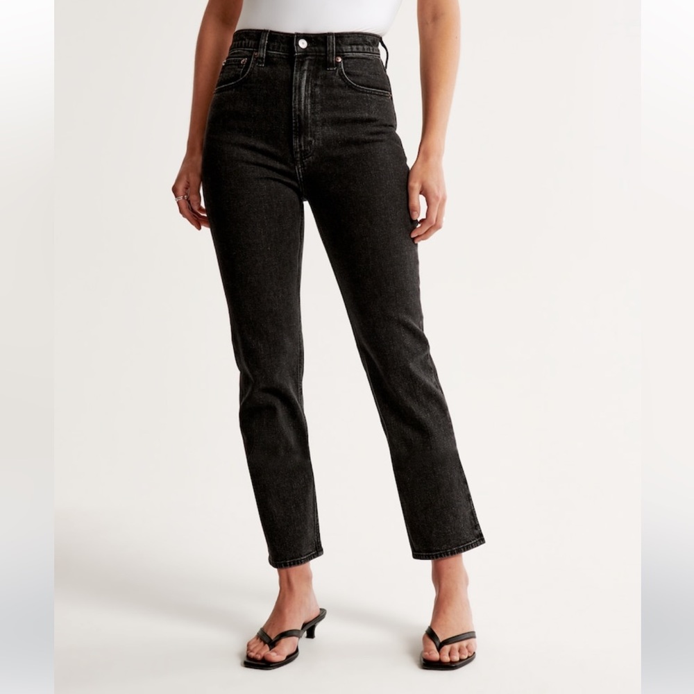 Abercrombie High Rise Ankle Straight Jeans Black Distressed Wash